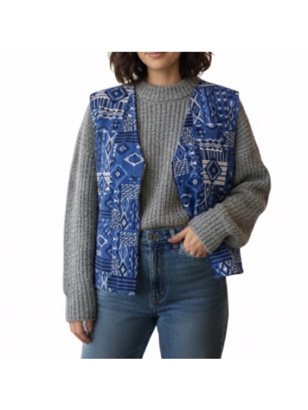 Vintage 90s Zip Up Vest Loose Oversized Aztec Patchwork Print Blue Size Large XL